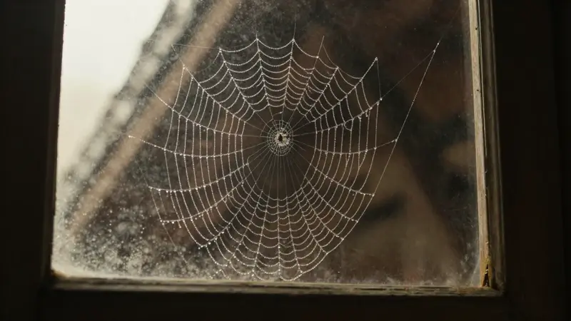 Telaraña detallada y cubierta de rocío en el marco de una ventana de ático antigua, con luz suave y polvo en suspensión.