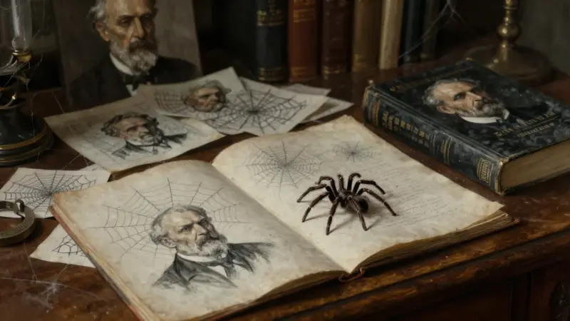 Retrato de Sigmund Freud en un estudio tenuemente iluminado, con ilustraciones de telarañas y una araña realista sobre un libro de psicología.