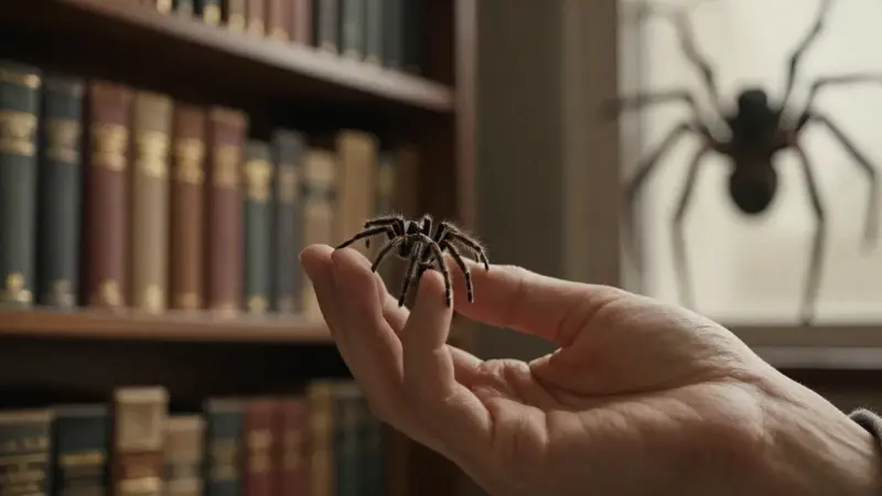 Mano sosteniendo delicadamente una pequeña araña en una biblioteca antigua con libros de psicología, mientras una silueta de araña gigante se vislumbra a lo lejos.