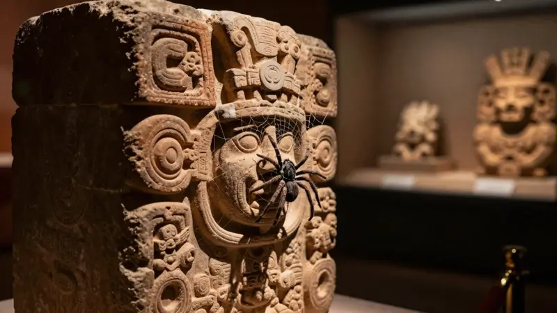Araña tejiendo su tela sobre una antigua escultura azteca en un museo, con otros artefactos precolombinos difuminados al fondo.