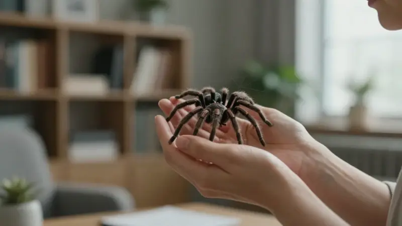 Manos sosteniendo delicadamente una araña realista en un entorno de oficina psicológica con estanterías borrosas al fondo.