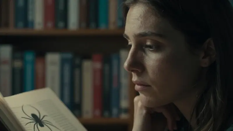 Mujer pensativa en un estudio lleno de libros, con un libro abierto mostrando una ilustración de araña desenfocado al fondo.