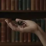 Mano sosteniendo delicadamente una araña con detalles intrincados, en un estudio antiguo con estanterías llenas de libros.