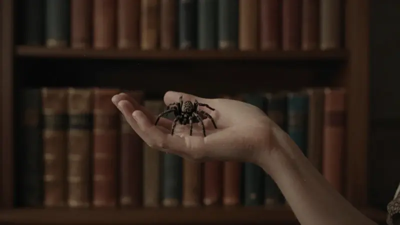 Mano sosteniendo delicadamente una araña con detalles intrincados, en un estudio antiguo con estanterías llenas de libros.