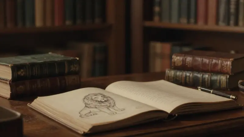 Estudio antiguo tenuemente iluminado con un diario abierto mostrando un boceto de un león.