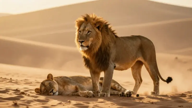 Un león melenudo protege con su cuerpo a una persona dormida en medio de un desierto dorado al atardecer.