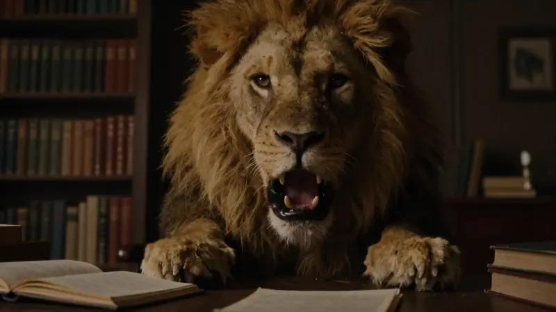 Primer plano dramático de un hombre gritando en silencio, amenazado por la enorme pata de un león dorado en un estudio lleno de libros y diarios de sueños.