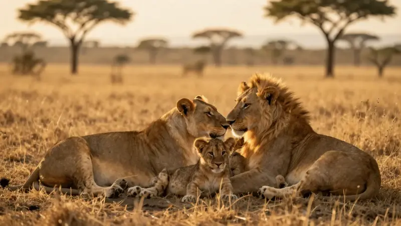 Una familia de leones descansa junta en la sabana africana durante la hora dorada, con la madre acicalando a sus cachorros.