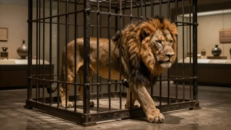 León majestuoso caminando inquieto dentro de una jaula de hierro ornamentada en un museo con tenue iluminación.