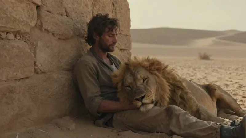Hombre apoyado contra un muro de piedra en un paisaje desértico, con un león herido descansando su cabeza en su regazo. Ambiente melancólico y luz dorada al atardecer.