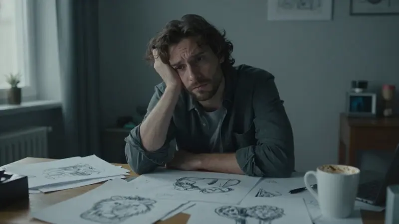 Analista de sueños exhausto en su oficina, rodeado de dibujos y apuntes sobre leones, con una expresión de preocupación y bajo una luz tenue.