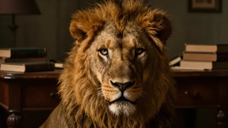 Primer plano de un león macho con mirada intensa, sobre un fondo de escritorio antiguo rodeado de libros de psicología.