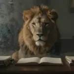 Majestuoso león visto a través de un cristal escarchado en el interior de un estudio antiguo con libros de sueños.