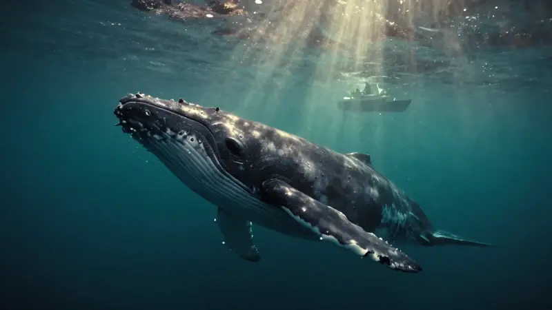 Ballena jorobada emergiendo en un océano profundo con luz solar filtrándose a través del agua. Un barco de investigación se vislumbra a lo lejos en la atmósfera brumosa.