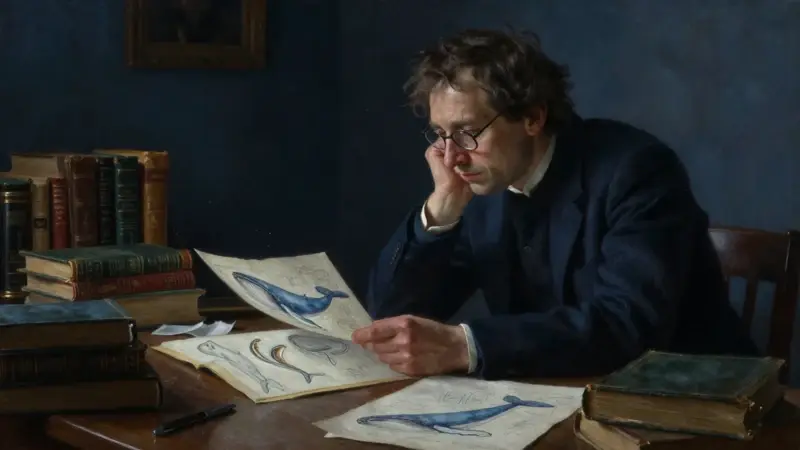 Estudio antiguo con un hombre examinando una ilustración anatómica de una ballena azul entre libros y papeles con bocetos.
