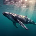 Ballena jorobada emergiendo suavemente en un océano profundo e iluminado por rayos de sol, creando una atmósfera serena y etérea.