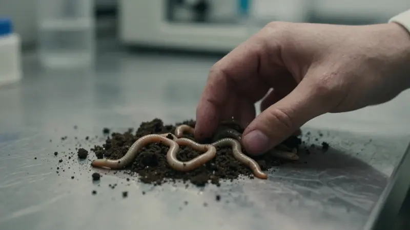 Mano descubriendo gusanos en tierra húmeda sobre una mesa de acero en un laboratorio tenuemente iluminado.