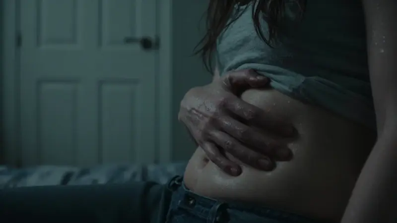 Mano femenina tocando suavemente el abdomen en una habitación oscura, evocando inquietud y vulnerabilidad.