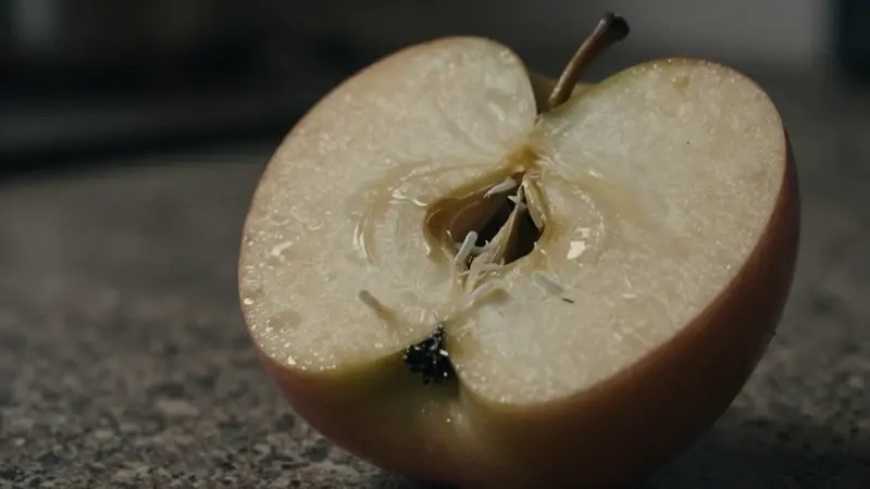 Manzana a medio comer con gusanos blancos visibles dentro de la pulpa, sobre una encimera de cocina tenuemente iluminada.