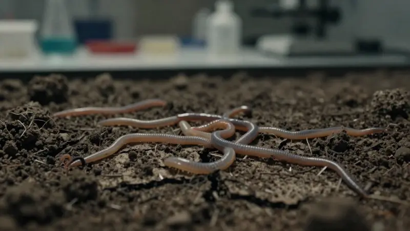 Gusanos translúcidos se retuercen sobre tierra seca y agrietada en un laboratorio con instrumentos científicos dispersos.