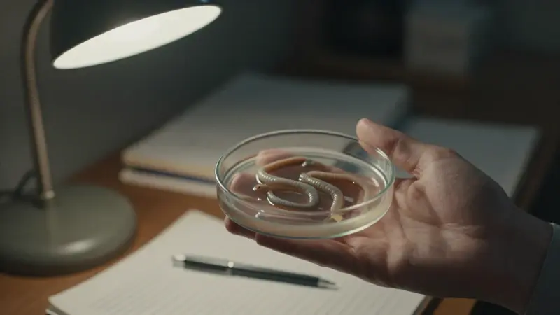 Mano sosteniendo una placa de Petri con gusanos pálidos y retorcidos, sobre un escritorio desordenado en un consultorio psicológico tenuemente iluminado.