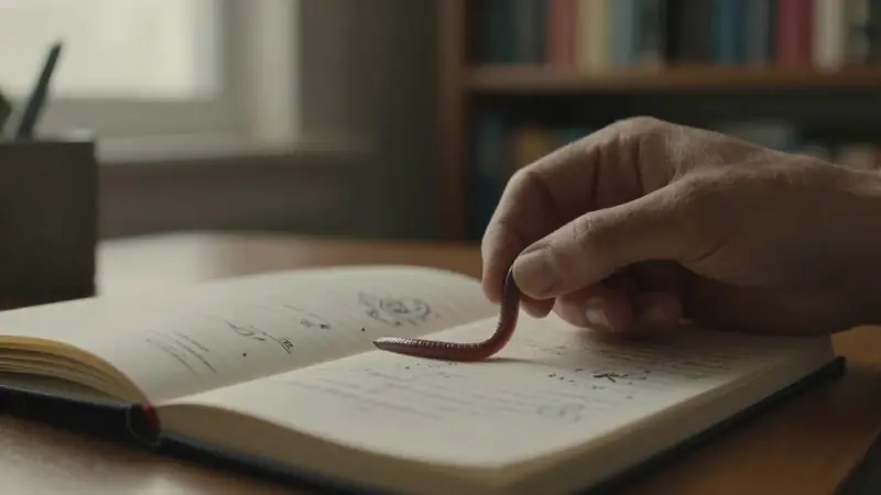 Mano sosteniendo un gusano brillante sobre un diario de sueños abierto en un estudio con luz tenue.