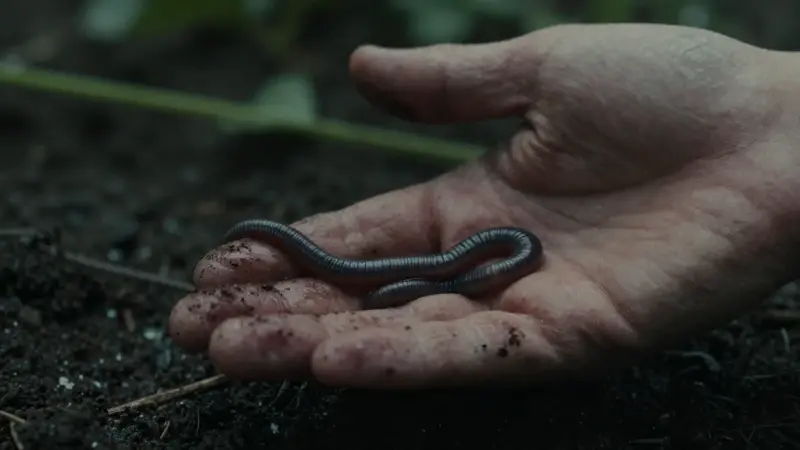 Mano sosteniendo un gusano en tierra oscura y húmeda.