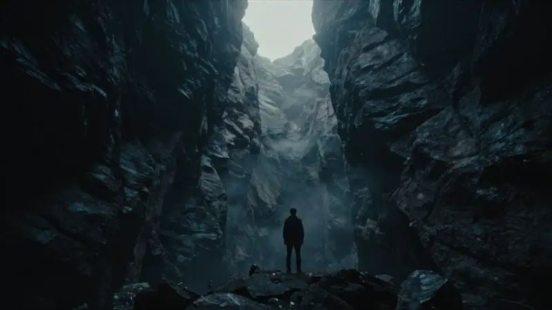Figura solitaria frente a un profundo abismo rocoso lleno de niebla, evocando una sensación de vértigo y soledad.