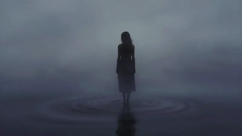 Silueta de una mujer frente a un abismo arremolinado de tonos azulados y grises, evocando una atmósfera onírica y melancólica.