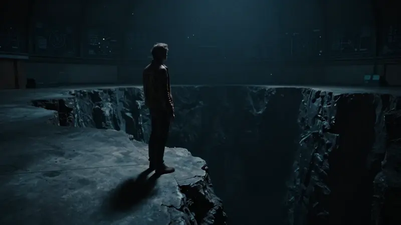 Figura solitaria al borde de un profundo abismo oscuro dentro de un observatorio tenuemente iluminado.