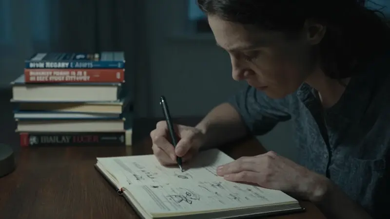 Mujer concentrada estudiando un diario de sueños lleno de bocetos en un escritorio de madera oscura, rodeada de libros de psicología en una oficina tenuemente iluminada.