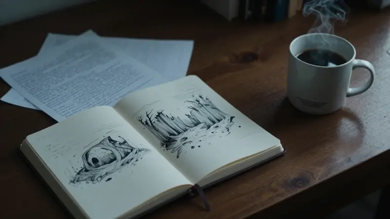 Escritorio de madera oscura con un cuaderno abierto mostrando un boceto de un abismo, junto a notas de un diario de sueños y una taza de café humeante.