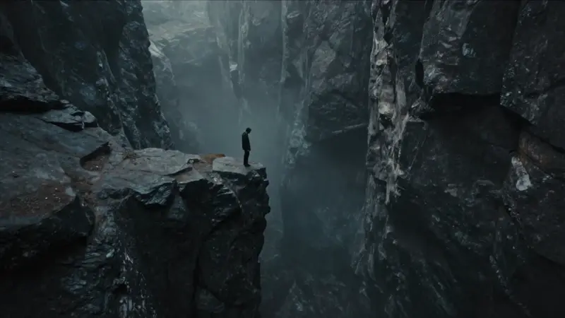 Figura solitaria contemplando un profundo abismo rocoso, con iluminación tenue y atmósfera melancólica.