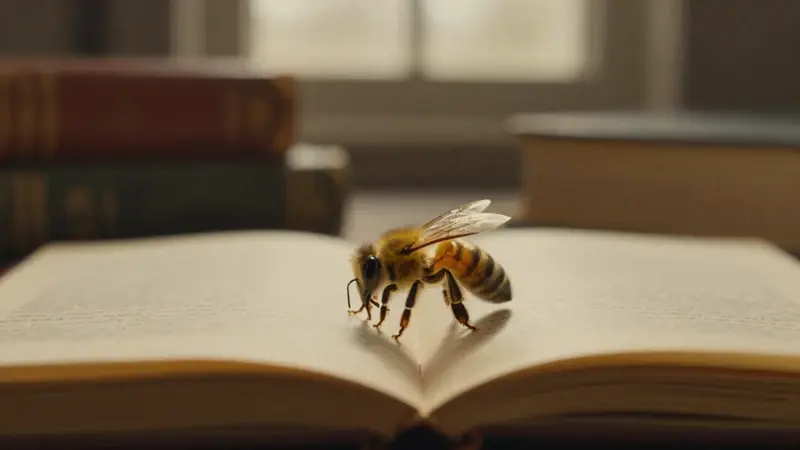 Abeja dorada posada sobre un diario de sueños antiguo y abierto, en un ambiente de estudio tenue y cálido.