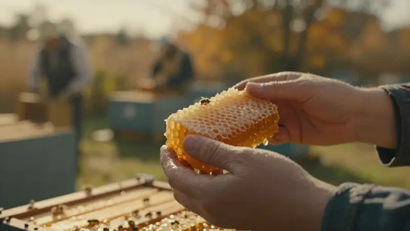 Manos sostienen delicadamente un panal rebosante de miel dorada, con un apiario soleado y figuras borrosas de apicultores al fondo.