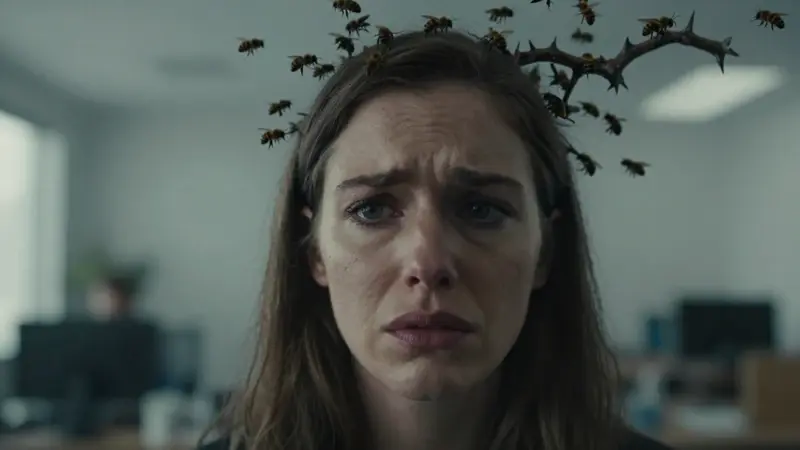 Primer plano de rostro femenino angustiado, con un enjambre de abejas oscuras formando espinas alrededor de su cabeza, sobre un fondo borroso de oficina.