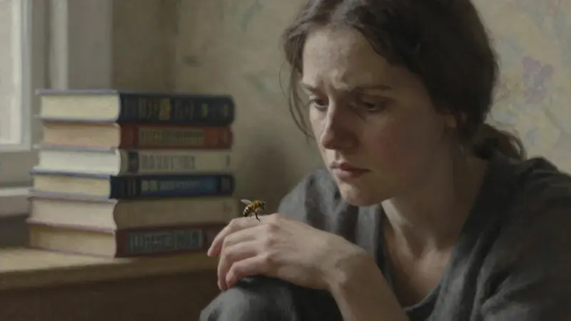 Mujer preocupada con una abeja posada en la mano, rodeada de libros de psicología en una habitación tenuemente iluminada.
