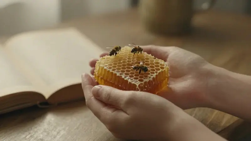 Manos sosteniendo un panal con abejas, con un libro antiguo abierto en un ambiente cálido y melancólico.