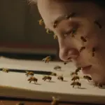 Mujer con el rostro parcialmente cubierto por un enjambre de abejas doradas en un estudio antiguo con libros y diarios de sueños.
