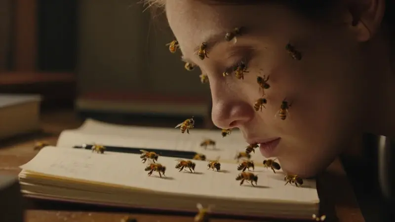 Mujer con el rostro parcialmente cubierto por un enjambre de abejas doradas en un estudio antiguo con libros y diarios de sueños.