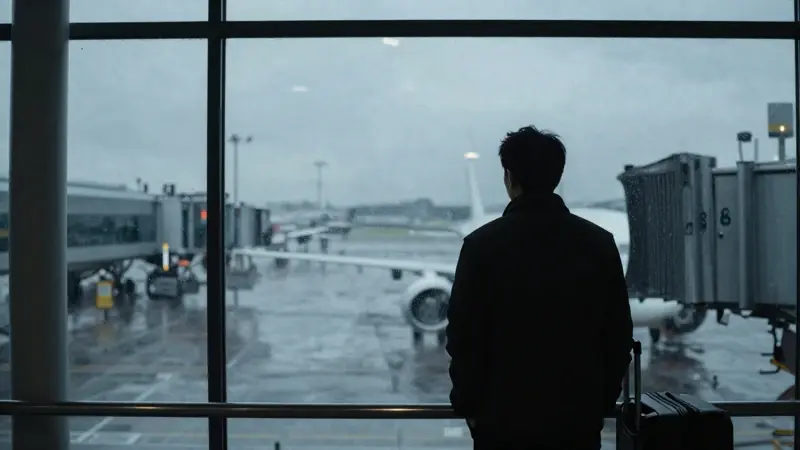 Figura solitaria ante una ventana lluviosa en un terminal de aeropuerto vacío, con el ambiente melancólico de una sala de embarque desierta.