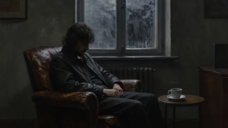 Figura solitaria en un sillón de cuero en un consultorio psicoanalítico tenuemente iluminado, con lluvia en la ventana y un ambiente melancólico.