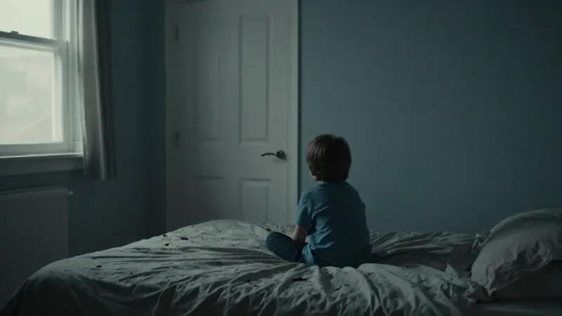 Niño de espaldas en un dormitorio tenuemente iluminado, mirando hacia una puerta vacía. Ambiente melancólico y sensación de abandono.