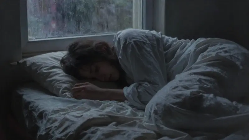 Figura solitaria acurrucada en una cama deshecha, con lluvia en la ventana y una atmósfera melancólica y fría.