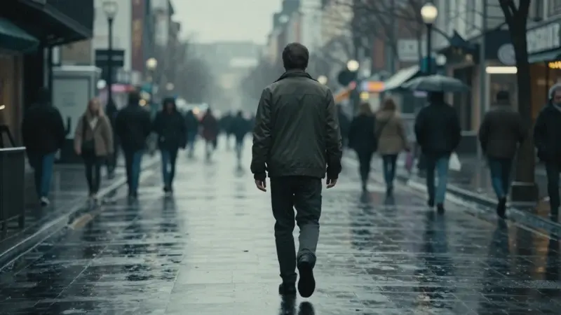 Figura solitaria caminando por una calle urbana mojada bajo la lluvia, con un fondo borroso de peatones y una iluminación dramática.
