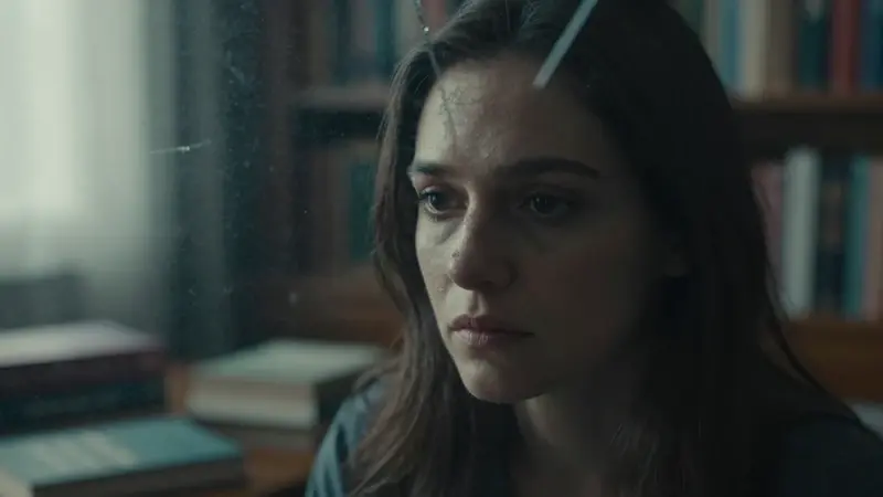 Primer plano de una mujer pensativa, con el rostro parcialmente cubierto por vidrio fracturado, en un estudio tenuemente iluminado con libros de psicología esparcidos.