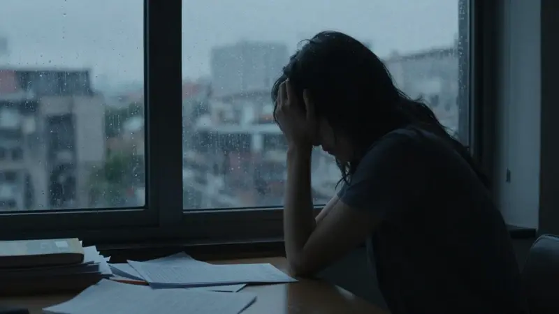 Silueta solitaria frente a una ventana lluviosa, con un paisaje urbano borroso al fondo. Ambiente melancólico y tenue iluminación en una habitación con escritorio desordenado.