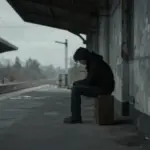 Persona sentada sobre una maleta en una estación de tren abandonada y tenuemente iluminada, bajo un cielo gris y nublado.
