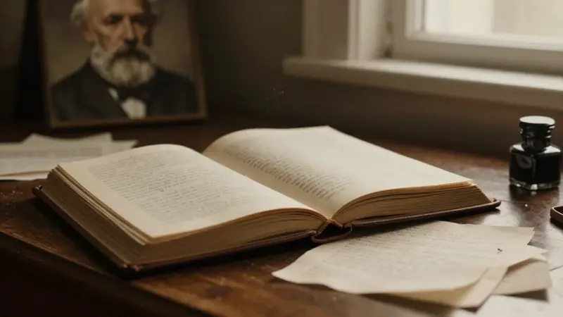 Escritorio antiguo de madera con un diario de cuero abierto y notas psicoanalíticas, iluminado tenuemente con un retrato de Sigmund Freud al fondo.