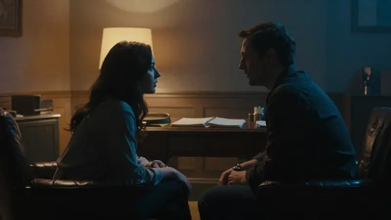 Pareja silueteada en un consultorio de psicoanálisis con un sillón de cuero y escritorio antiguo, evocando un análisis introspectivo sobre relaciones amorosas.